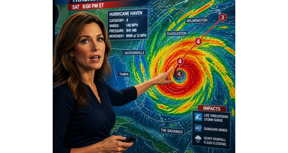 A female meteorologist in a dark blue dress stands in front of a weather forecast map, pointing at a large hurricane named "Hurricane Haven" off the southeastern coast of the United States - www.stoneinsurancegrp.com