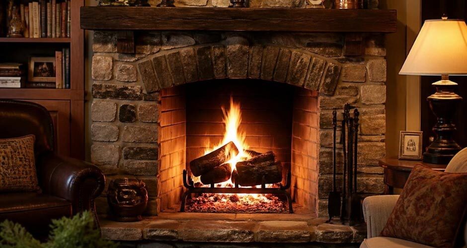 A cozy living room featuring a fireplace, a comfortable chair, and bookshelves filled with books
